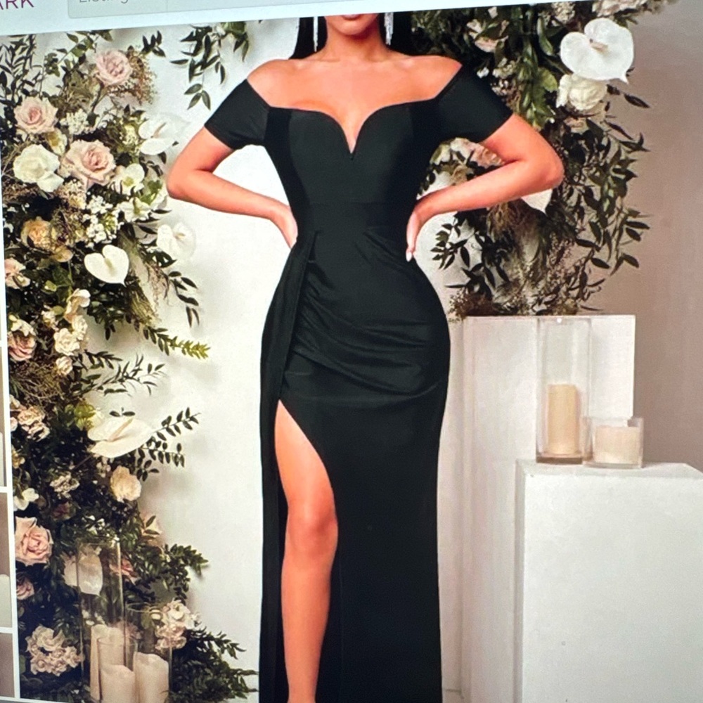 Black Preppy Womens Off Shoulder Ruched Split Thigh Dress